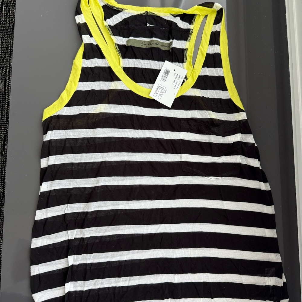 Enza Costa Black and White Striped Tank Top with Yellow Trim